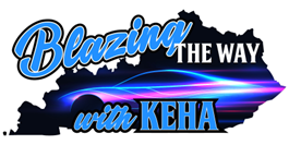 Blazing the way with KEHA over a image of the state with a blue and pink car over top.
