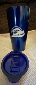 a Yowie brand blue stainless steel 18oz tumbler with the Kentucky Extension Homemakers Assoication log in white.