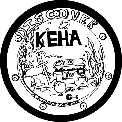 Discover KEHA Logo - hand drawn image of the word Discover and the letters KEHA floating above an anchor and treasure chest through a port hole.